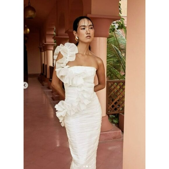 Eliya the Label White Ruched Ruffle Strap Vanuatu Midi Dress Bride Bachelorette - Picture 1 of 15